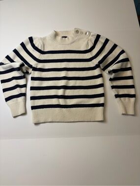 Rails Cream & Navy Striped Nautical Preppy Button-Shoulder Crew Sweater Coastal